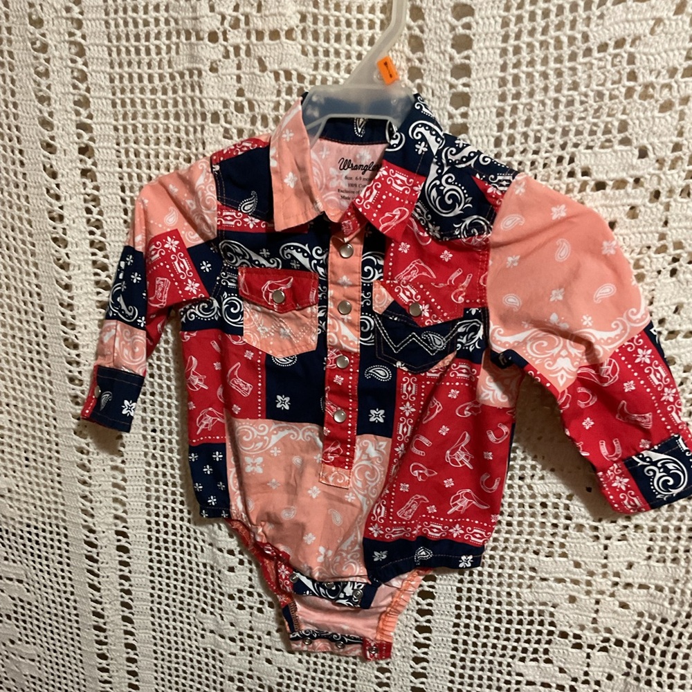 Wrangler bandana patchwork colorful Western shirt onesie pearl snaps 6-9 months